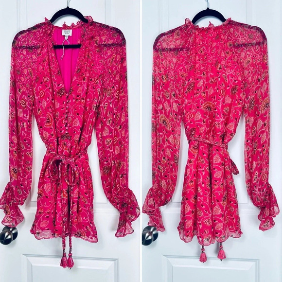 Hemant and Nandita Nara Tulip Pink Floral Romper Playsuit Long Sleeve.over-Up XS - Picture 3 of 14